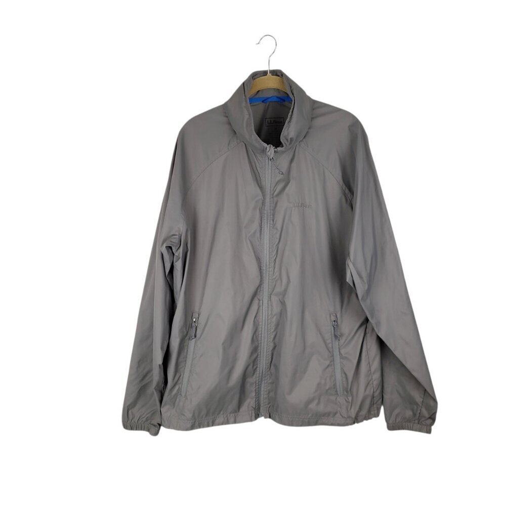 LL Bean Lightweight Windbreaker Jacket Packable Hood Gray Mens Medium